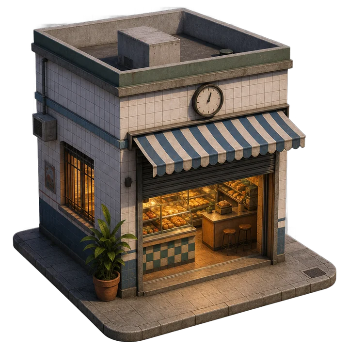 Un local de esquina en miniatura con la persiana a medio subir, la luz prendida y un reloj sobre la puerta.
