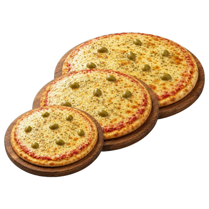 Tres pizzas de muzzarella de tres tamaños, de la chica a la grande.